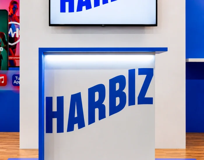 Mostrador vista frontal en stand ferial Harbiz para SOMA Fit 2026 VALENCIA